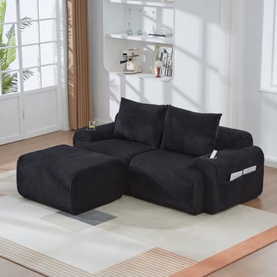 Wishdor Modulaire 2-Zitsbank Met Hocker - Bekerhouder En Opbergtas - Modern Ontwerp - Voor Woonkamer - Cordstof - Zwart - 200 X 174 X 80 Cm