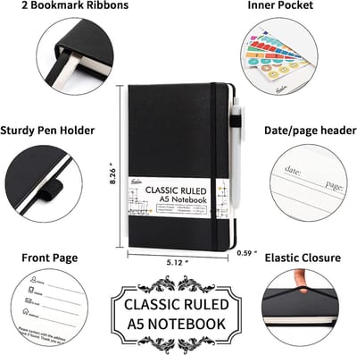 5-pack A5-notitieboeken, multipack, gelinieerd notitieblokken, A5 (120 g/m²), notitieboek met harde kaft en 5 zwarte gelpennen voor werk, studie, dagboek, notities, 128 pagina's/pak, 21 x 13 cm,