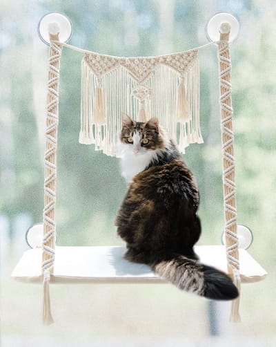 Famanu – Kattenraam hangmat – Macramé kattenbaars voor raam of wand – Ruimtebesparend kattenbed voor binnen – Geschikt tot ca. 20 kg