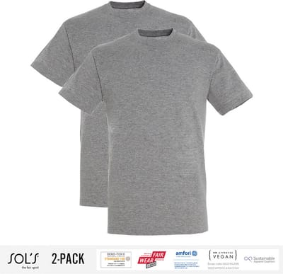 2 Pack Sol's Heren T-Shirt 100% biologisch katoen Ronde hals Grg Maat S