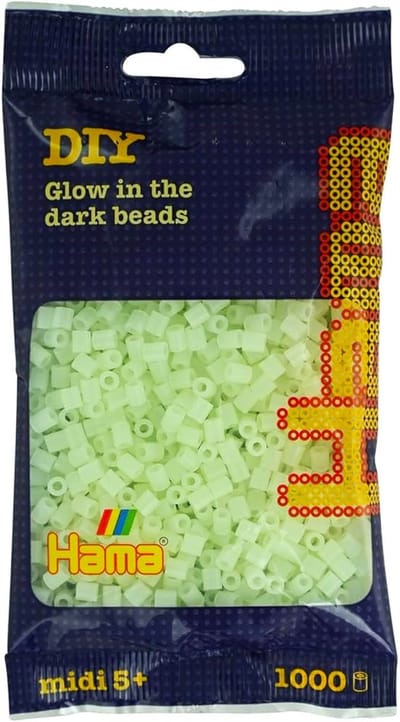 Hama midi strijkkralen lichtgevend glow-in-the-dark wit / blank, zakje met 1.000 stuks normale strijkparels (Hama Beads kralen)