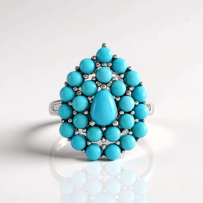 Cavill - Elegante Ring 925 Sterling Zilver Geplatineerd - Sleeping Beauty Turkoois 3,378 ct - Druppelvorm Cabochon - Natuurlijke Edelsteen