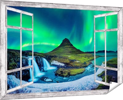 Gards Tuinposter Doorkijk Noorderlicht bij de Watervallen in IJsland - 180x120 cm - Tuindoek - Tuindecoratie - Wanddecoratie buiten - Tuinschilderij