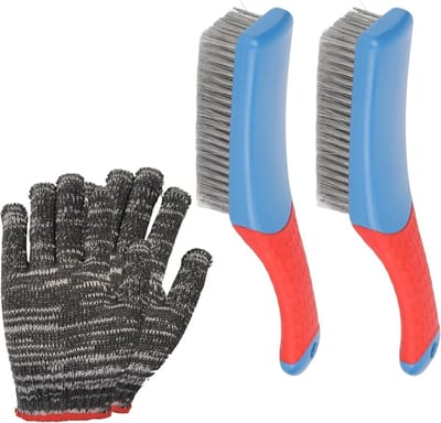 Roestvrijstalen draadborstelset met siliconen handvat en robuuste handschoenen voor grillreiniging, roestverwijdering en metaalpolijsten, 2 stuks