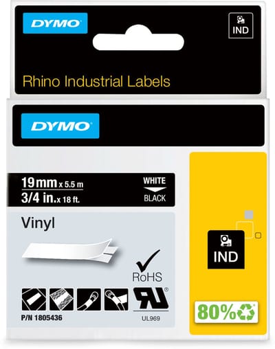 DYMO Rhino industriële Vinyl Labels | 19 mm x 5,5 m | witte afdruk op zwart | zelfklevende labels voor Rhino & LabelManager labelprinters