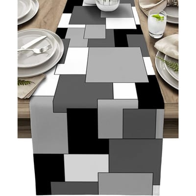 Wit Zwart Grijs Kleurblok Splicing Linnen Tafelkleed Commode Sjaal Decor Abstract Geometrisch Tafelkleed Keuken Feest Decor 150x33cm black