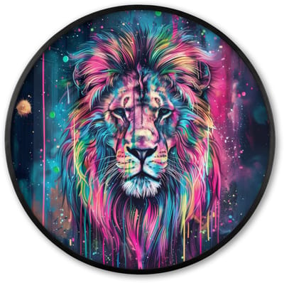 Poster in lijst Rond - Fotolijst 60x60 cm - Posters - Leeuw - Verf - Kleurrijk - Zwart - Dieren - Ronde posterlijst zwart - Decoratie - Wanddecoratie woonkamer - Muurdecoratie slaapkamer
