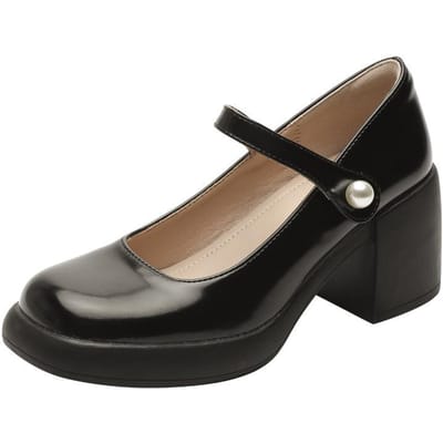 Echt Lederen Mary Jane Schoenen Dikke Hak Enkele Schoenen voor Dames Lente Nieuwe Hoge Hakken Parel Gesp Retro Ondiepe Mond Fee Schoenen 38 gray
