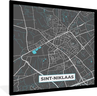 Fotolijst incl. Poster - België – Sint Niklaas – Stadskaart – Kaart – Blauw – Plattegrond - 40x40 cm - Posterlijst