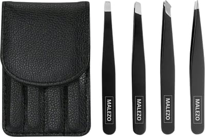 MALEZO Pincetten Set Zwart 4-delig - Pincet Epileer Set - Professionele Wenkbrauw Pincet - Epileer Set Luxe Etui