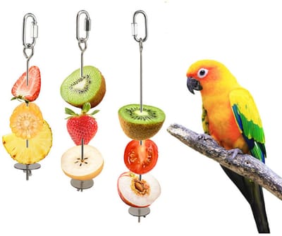 3-Delige Voederhuisje - Houder voor vogelvoerprikkers - Voederhuisje - Voederhuisje voor papegaaienfruit - Hangende voederhuisje - Hangrek voor papegaaienkooispeelgoed - 28 cm - 23 cm - 18 cm - Geschikt voor kaketoes, valkparkieten - Zilver