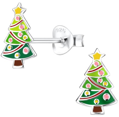 Joy|S - Zilveren kerst oorbellen - kerstboom met kerstballen en gele ster als piek - 6 x 10 mm - kinderoorbellen