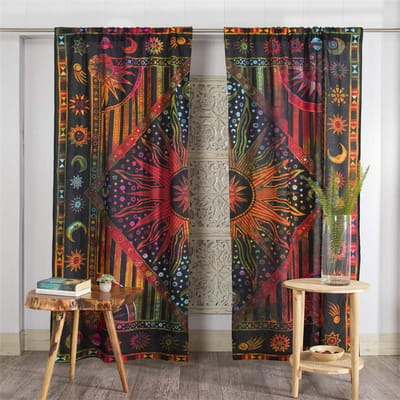 3D Indiase Gordijnen Zon Vorm Mandala Hippy Stijl Bohemien Woonkamer Slaapkamer Huisinrichting Zonnescherm Gordijn Ringtop 2 Gordijnpanelen W110H240(CM)x2&Grommet Top