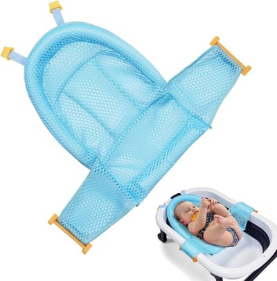 Verstelbaar Baby Badnet met Ondersteuning voor Pasgeborenen, Antislip Badstoel en Kussen voor Veilig Badderen 0-3 Jaar - Blauw
