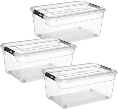 5Five opberg kist met deksel - 3x - Solutions Box - 40 liter - 58 x 39 x 26 cm - kunststof - transparant - met wielen