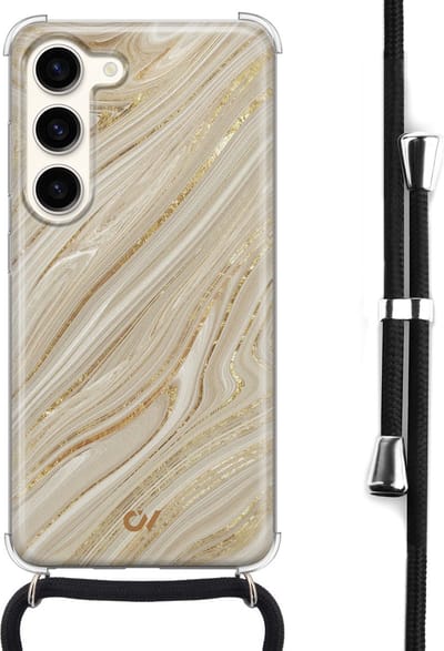 Telefoonhoesje met koord geschikt voor Samsung S23 - Golden Marble - Inclusief koord - Transparant, Goud - - Crossbody beschermhoes - Met Telefoonketting