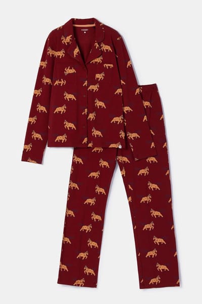Woody donkerrode dames & meisjes pyjama – doorknoopmodel met ponyprint – soepel katoen – 6 jaar