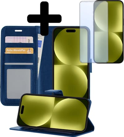 Hoesje - Met Screenprotector - Geschikt voor Apple iPhone 15 - Luxe Pasjeshouder - Bookcase Portemonee - Flip Case - Kunstleer Book Case - Flipcase - Book Cover - Walletcase - Portemonneehoes - Telefoonhoesjes - Donkerblauw