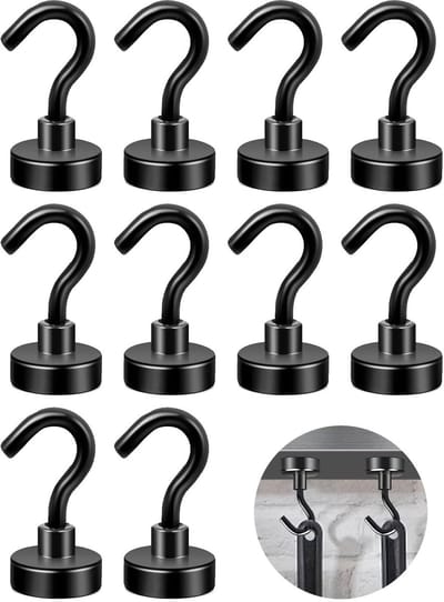 10 stuks zwarte magneten, magneethaken, extra sterk, kleine haken voor barbecue, keuken, koelkast, BBQ, metalen deuren en ruimtes, sterke magnetische haken als veelzijdige hulp in het