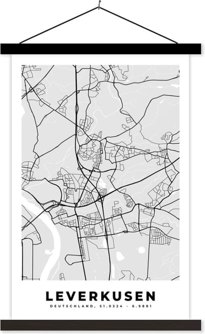 Posterhanger incl. Poster 40x60 cm - Schoolplaat - Kaart - Leverkusen - Duitsland - Stadskaart - Plattegrond - Textielposter - Zwarte latten - Stadskaart