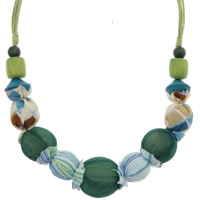 Behave – Ketting – Groen Blauw – Houten Kralen – Stof Omwikkeld – Bohemian Look
