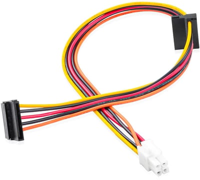 4-Pin Witte Vierkante Plug naar Dubbele Zwarte SATA 15-Pin Aansluitingen, 18 AWG Koper Draad, Lengte 25cm + 15cm, Geschikt voor SATA HDD/SSD/Optische Drives, Dataoverdracht, Voeding, Computeraccessoires