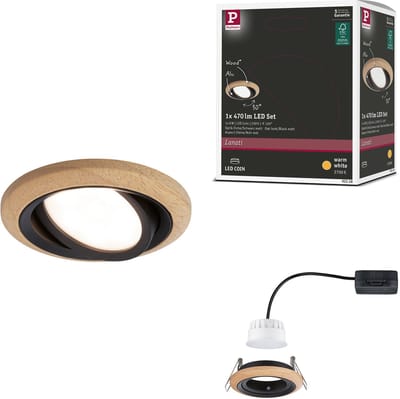 LED-inbouwlamp Lanati Losse spot rond 84 mm 30° Coin 6W 470lm 230V 2700K Geoliede eikenkleur, Zwart mat