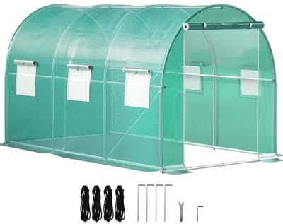 Famanu - Tunnelkas voor de tuin, 3,7 x 2,1 x 2,1 m, tent, schuur planten, frame van verzinkt staal, waterdichte afdekking, PE, 1 bovenbalk, 2 diagonale palen, 1 deur, 6 ramen, voor het kweken van
