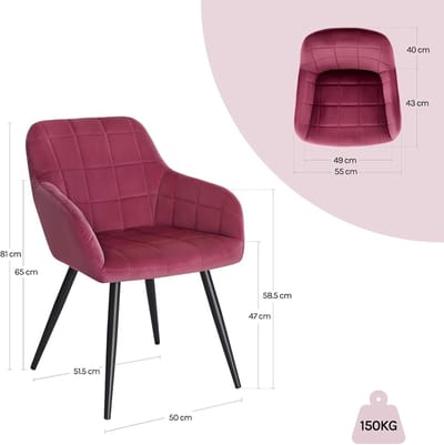 Eetkamerstoelen set van 8 – Novihome VelvetRoyale Bordeaux – Fluwelen eetkamerstoelen met armleuningen – Luxe design stoelen met metalen poten – Comfortabele gestoffeerde keukenstoelen – Modern & Elegant