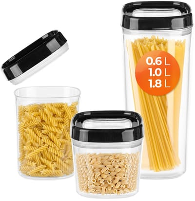 KADAX Voorraaddoos, transparante opbergdoos van kunststof, luchtdichte voorraaddoos met deksel, voor meel, muesli, suiker en pasta (set van 3: 600 ml + 1000 ml + 1800 ml, zwart)