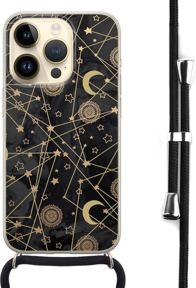 Hoesje met koord - Geschikt voor iPhone 14 Pro - Sterren, zon, maan - Verstelbaar zwart koord - Zwart, Transparant - Sterren - Leuke Telefoonhoesjes
