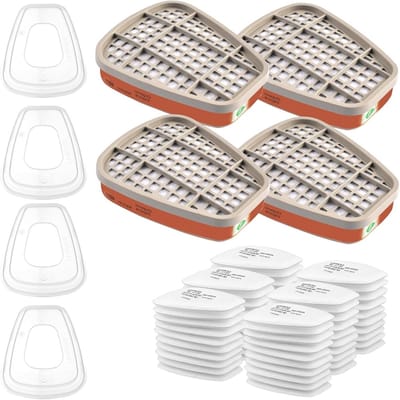 Filter voor Ademhalingsmasker - Organische Dampfilter, Katoenen Filters, 60 Filters + 4 Extra Filters en 4 Dekkapjes voor Klussers en Verfspuiten