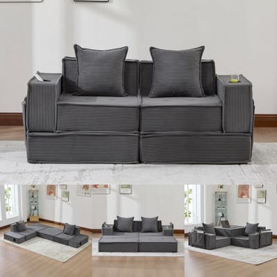 Multifunctionele 2-Zits Bank, Moderne Tweepersoons Slaapbank met een Comfortabele Stoffen Bank en twee Kussens, Een Stijlvolle, Decoratieve Voetenbank met Opbergruimte aan de Zijkant en Bekerhouders-Donkergrijs