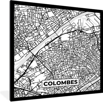 Fotolijst incl. Poster Zwart Wit- Frankrijk - Kaart - Plattegrond - Colombes - Stadskaart - Zwart wit - 40x40 cm - Posterlijst