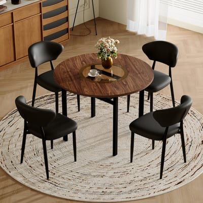 Moderne minimalistische ronde tafelset (met 4 zwarte fauteuils van PU-materiaal met gebogen rugleuningen), ronde tafel met een diameter van 100 cm in houtlook, geschikt voor eetkamer en keuken.