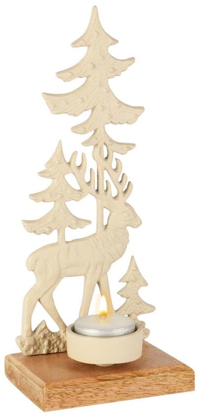 Dekoratief | Theelichthouder hert m/bomen, cr?me, aluminium/hout, 10x8x23cm | A258137