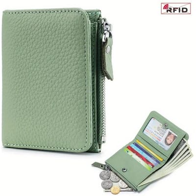 Portefeuilles Courts Porte-Cartes Sac Portable Cuir de Vache Petit Fermeture Éclair Porte-Monnaie pour Hommes Femmes Pochette pour Écouteurs vert