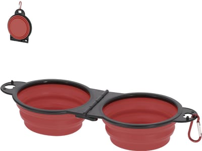 Dubbele opvouwbare dieren voerbak 450ml - stevig TPE- kleur Rood - inclusief karabijnhaak