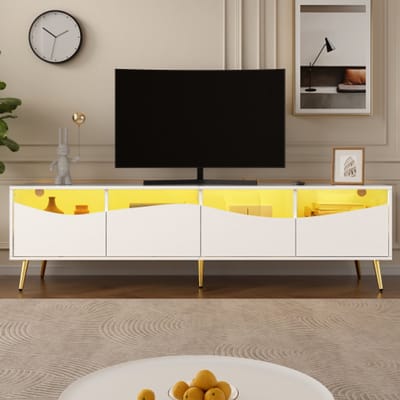 TV-kast 180x40x50 cm – LED-verlichting – Wit Korpus – Gouden Poten – Glasfront – Lowboard met Extra Opbergruimte