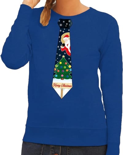 Bellatio Decorations Foute kersttrui - sweater - met stropdas kerst print - blauw - voor dames XS
