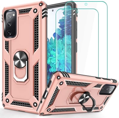 Hoesje Geschikt Voor Samsung Galaxy S20 FE 2022 Hoesje Armor case Ring houder / vinger houder TPU backcover - Rose Goud met 2 pack screenprotector