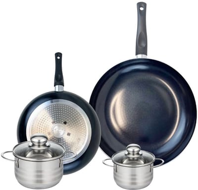 Set van 2 Koekenpannen 24 en 32 cm en 2 kookpotten 12 en 14 cm Elo Prima Glanzend