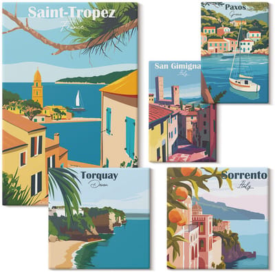 Wallfluent Set van canvas schilderijen - Landschappen van Europese kustplaatsen Canvas Schilderijen Set - Set van 5 Canvas Schilderijen - Blauw Set van Canvas Prints - Steden Canvas Kunst Set - Boheemse Canvas Kunst Set