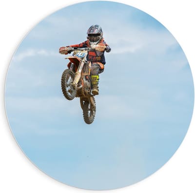 KuijsFotoprint - Schilderij - Motorcrosser In De Lucht - Wit, Blauw En Rood - 90 X 90 Cm