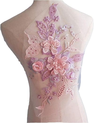 Bruidstip Applicatie - Parels Borduurwerk - Bruiloft Decoratie - 3D Bloemenmotief - 41 cm - Paars Roze