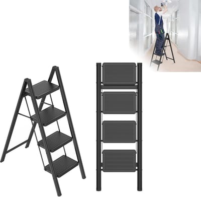 Trapladder 4 treden - Inklapbaar opstapje - Huishoudelijk werk - Brede antislip treden - 270 kg belastbaar - Zwart