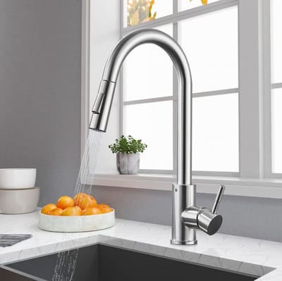 Mixer keuken keukenkraan met afneembare douche 360 ° draaiend koud en warm water, massief laiton, nikkel geborsteld