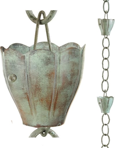 Regenketting Koper - Waterafvoer Ketting - Decoratieve Watergeleiding - Handgemaakt Uniek Design - 259 cm Lengte - Blauwgroen Patina