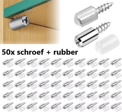 TLVX 50 stuks sterke Schroef + rubber / Plankdragers / Kastschroeven voor plank / Glazen plaathouder / 50x Zelf tappende Kruiskop schroef en 50x rubber antislip / Kledingkast plank drager / Kastplank houder / Steun schroeven met rubbers voor planken