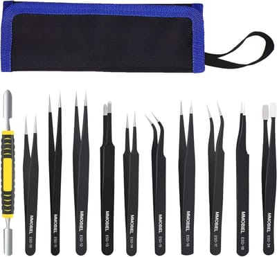 Precisie Pincetten Set (11 Delig) – Antistatische Roestvrijstalen Pincetten met Opbergcase